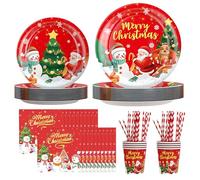 128 Pièces Noël Party Vaisselle, Noël Vaisselle de Fête, Noëls Papier Assiette Papier Tasse Serviette Pailles, fourchette et cuillère pour 16 Invités, pour Fournitures de Décoration d'Noël