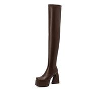 12CM / 4,72In Ultra High Heel Abnormally Shaped Thick Heel Large Square Head Boots Over Knee Boots Boots for Women,Marron,43 EU