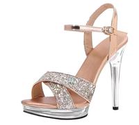 12cm Glitter Thin Heel High Heels Summer Sexy Fish Mouth Platform Crystal Open Toe Sandals Comfortable Female Party(Grey,39)