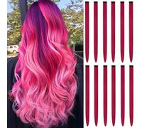 12Packs Colored Hair Extensions 21.65Inch Straight Color Clip in on Hair Extension Rainbow Party Cosplay Highlights Synthetic Hairpiece for Women (Rose Red)