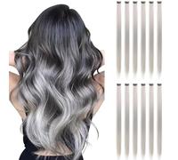 12Packs Colored Hair Extensions 21.65Inch Straight Color Clip in on Hair Extension Rainbow Party Cosplay Highlights Synthetic Hairpiece for Women (Grey)