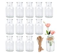 12Pcs 125ml Mini Vases en Verre, Vase en Verre Transparent Décoratifs avec 8m de Corde de Jute, pour Décoration de Table, Décoration de Mariage, Décoration D'anniversaire, Décoration de Fête de Jardin