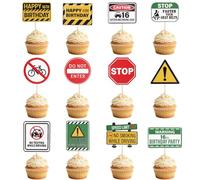 12pcs 16ème Anniversaire Décoration Gâteau Permis Conduire, Drôle Thème Voiture Topper Gâteau avec Bâtonnets Bois pour Garçons Célébration d'Anniversaire Fournitures Fête Nouveau Conducteur