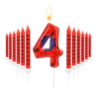 12pcs Bougies Imprimées en Toile d'Araignée et 1 Bougie Numéro, Rouge Bleu Bougie d'Anniversaire Araignée Bougie Araignée Décoration Gâteau Araignée pour Garçons Filles (Numéro 4)