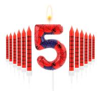 12pcs Bougies Imprimées en Toile d'Araignée et 1 Bougie Numéro, Rouge Bleu Bougie d'Anniversaire Araignée Bougie Araignée Décoration Gâteau Araignée pour Garçons Filles (Numéro 5)