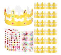 12pcs Chapeaux Couronne Galette des Rois d'Anniversaire Réglable Doré en Papier et 4 Feuilles Autocollants Stickers Strass Couronne des Rois Epiphanie d'Accessoires Photo pour Fête Célébration