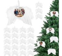 12pcs Décoration d'ailes d'ange de Noël, Ailes d'ange Blanches pour Travaux Manuels avec 12pcs Vierges par Sublimation Ornement à Suspendre en Plumes pour Arbres de Noël (Rond)