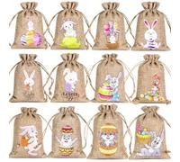 12pcs Easter Burlap Candy Bags Bunny Pattern Jute Linen Treat Gift Bag For Kids Cookies Snack Pack Party Decorations