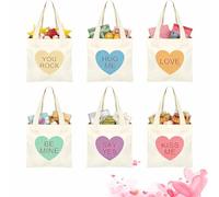 12pcs Mini Conversation Heart Canvas Bags, Heart Shaped Canvas Gift Tote Bag,Valentine’s Day Heart Tote for Gifts,Coins (6PCS)