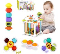 12PCS Montessori Cube Baby Toy Shape Sorter with 3 Suction Cup Spinner Toys and 6 Multisensory Shapes and Bead Maze for Kids 1-3 Years Old