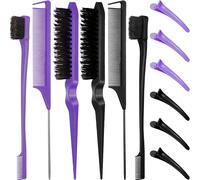12pcs Nylon Hair Brushes Salon Hairdressing Brush Double Sided Hair Edge Brush Smooth Comb Rat Tail Combs with Duckbill Clips for Women and Girls (Black,Purple)