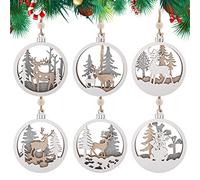 12Pcs Ornements de Noël Suspendus de Renne Deco Noel Sapin Pendentifs de Sculpture sur Bois Creux pour la décoration intérieure Cadeaux artisanaux(Argent Blanc)