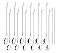 12PCS Pailles Cuillère 2 En 1, 22 CM Paille à Boire Et Cuillère Réutilisable En Acier Inoxydable, Kit Avec 2 Brosses De Nettoyage Pour Shaker Cocktail, Smoothies, Lait Frappé Et Boissons Mixées