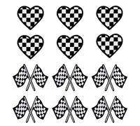 12pcs Patchs de Course, Patchs de Drapeau de Course à Carreaux Drapeau de Course Classique Noir Blanc et Coeur Thermocollant Patchs Brodés Appliqués pour Vêtements Jeans Chapeaux Sachets à Dos