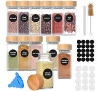 12Pcs Pots à Épices Verre avec Couvercles Bambou, 120ml Boite à Épice Cuisine avec Tamis, Étiquettes, Brosser, Entonnoir, Stylo, Bocal Epices Bocaux Hermetiques Carré pour Rangement Organisation