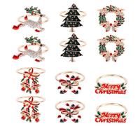 12pcs Ronds de Serviette de Noël, 6 Modèles Boucle Porte-Serviette Noël Arbre Noël Joyeux Noël Couronne Renne Canne en Bonbon Ronds Serviette Dorés pour Table Dîner Mariage Fête Décoration