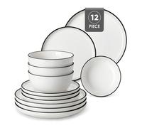 12pcs Service de Table en Porcelaine à Bord Arrondi, Comprenant Assiettes Plates/ Dessert et Bols - 4 personnes - Blanc à Bord Noir