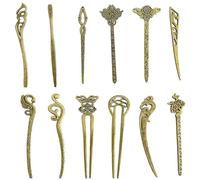 12pcs / set Sticks de cheveux chinois, 12 styles Bronze décoratifs de bronze bâtons de cheveux pour femmes classiques et épingles à cheveux vintage pour mariage, fête, festival, cérémonie, épingles