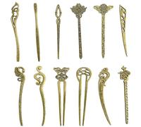 12pcs / set Sticks de cheveux chinois, 12 styles Bronze décoratifs de bronze bâtons de cheveux pour femmes classiques et épingles à cheveux vintage pour mariage, fête, festival, cérémonie, épingles