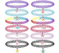 12PCS Tour de cou Collier pour enfants adolescents filles femmes, pendentif breloque licorne arc-en-ciel panda chat cœur fleur sirène tour de cou tatouage henné élastique noir rose vert bleu rouge
