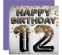 12th Birthday Card for Boys - Black & Gold Glitter Balloons - Happy Birthday Cards for 12 Year Old Boy Son Brother Grandson Cousin, 145mm x 145mm Twelve Twelfth Bday Greeting Cards Gift