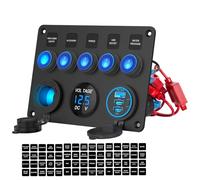 12V 24V 5 bande Interrupteur Rocker ON OFF Panneau en aluminium pré-câbl Impermeable avec chargeur voiture triple ports USB 78W, Voltmètre numérique LED et prise d'allumeur de cigarette pour voiture