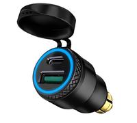 12V-24V Aluminium Chargeur DIN Plug to USB C 30W 5A QC 3.0 Prise USB DIN Chargeur Rapide Moto Etanche Adaptateur avec LED Bleue pour BMW Triumph Ducati Tiger de Style Europ DIN Hella Socket