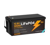 12V 300Ah Batterie LiFePO4, BMS Intégré 15000 CyclesCompatible avec en série et en Parallèle, Adaptée aux Systèmes Solaires, Usage Domestique Camping Bateaux Fauteuils Roulants Electriques