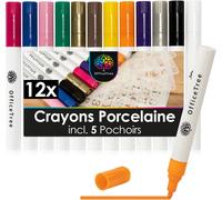 12x Feutre Porcelaine Permanent Lave Vaisselle - 12 Couleurs Et 5 Pochoirs - Set De Feutres Porcelaine À Base D'eau - Feutre Verre - Pour La Peinture Porcelaine Et La Peinture Céramique