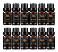 12x10ml Aromathérapie Vanille Huile essentielle Set pour diffuseur - Rose, Jasmine, Vetiver, Patchouli, Myrrhe Huiles...pour maison, 100% pur bois de santal huiles Set pour fabrication de bougies