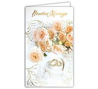13-6143 Carte avec Enveloppe blanche Heureux Mariage qui brille avec EN RELIEF Bouquet de Roses de la mariée 2 Alliances Boîte Cœur Perles Papier Nacré Gaufré Félicitations Style traditionnel