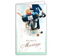 13-6159 Carte avec Enveloppe Heureux Mariage Just Married Félicitations aux Mariés pour Couple Homme/Femme Moto Motards Bouquet de Fleurs de la mariée Bagues Alliances Love Cœurs - Fabriqué en Europe