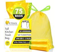 13 Gallon Biodegradable Trash Bags with Drawstrings, 75 Count Plant Based, Code Q Tall Kitchen Compost Bags 50 Liter Bin - Green Garbage Liners - 1.3 mil Thick Heavy Duty and Eco Friendly Trash Bags