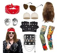 13 PCS Deguisements Rock Accessoires, Punk Gothique Rocker Kit avec Perruque Cap de Perruque Faux Tatouage Manches Lunettes Bandana PU Gants Bracelet Bague pour Hommes Adulte Fête des Années 70 80 90
