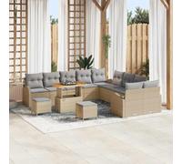 13 Pcs Outdoor Patio Furniture Set, Modern Garden Sofa Sectional with Table and Ottomans, Waterproof Storage, Beige and Light Grey, All-Weather Poly Rattan, Acacia Wood, Powder Coated Steel Frame