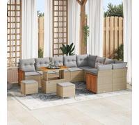 13 Pcs Outdoor Patio Furniture Set, Modular Garden Sofa Sectional with Table, Waterproof Poly Rattan & Acacia Wood, Beige & Light Grey Cushions, for Terrace, Poolside, Barbecue, Relaxation