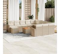 13-Piece Beige Woven Resin Outdoor Patio Furniture Set with Cushions, Modular Garden Sofa Set for Backyard, Terrace, Acacia Wood Table, Weather-Resistant, Easy to Clean, Comfortable Seating