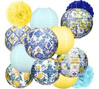 13 pièces Lanternes en papier de 8 pouces et fleurs en papier décoration suspendue : Côte amalfitaine Capri jaune et bleu carrelage méditerranéen Guirlande de lanternes en papier, convient pour baby s
