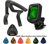 13 pièces/set Capodastre de guitare noir et accordeur, accordeur numérique à clipser, capodastre à ressort, porte-médiator et 10 médiators de guitare de 0,46 mm de couleurs aléatoires pour guitare aco