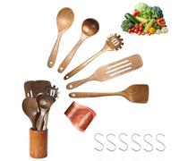 13 Pièces Ustensiles de Cuisine en Bois Ustensiles en Bois de Teck Cuillères et Spatule pour la Cuisine avec support,repose-cuillère et crochets