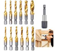 13-teiliges Gewindebohrer-Bohrer-Set, SAE- und metrisches Set, mit 1/4'' Schnellwechsel-Sechskantschaft-Adapter, HSS mit Titanbeschichtung zum Bohren, Gewindeschneiden, Ansenken