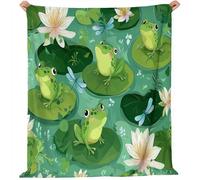 130 x 150 cm Couverture Polaire Flanelle, Vert Forêt Grenouille Dessin Animé Lotus Imprimé Automne Chaude Douce Couvertures en Sherpa de Lit Couvre-lit Jeté de Canapé, Convient Adulte et Enfant