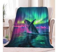 130 x 150 cm Plaid Couverture Polaire Nature Aurores Boréales Baleines, Douce Moelleuse Flanelle Lit Jeté Canapé Convient Adultes et Enfants Rester Chaud Hiver, Vert Foncé