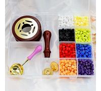 1300 Pcs Kit de Cire à Cacheter, Kit Sceau et Cire à Cacheter, Perles Sceau de Cires, Cuillère à Fondre, Vintage Réchauffeur, avec Boîte, pour Sceller Invitations, Cartes, Enveloppes, Emballages
