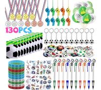 130pcs Football Pinata Anniversaire Garcon, Petits Cadeaux Deco Anniversaire Foot avec Ballon, Porte Clés, Bracelet en Silicone, Sifflets, Medailles, Tatouage, Stylo, Sacs Cadeaux de Fête de Football