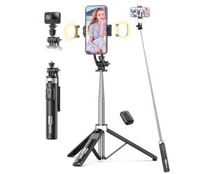 135CM Perche à Selfie Trépied avec 2 Lumière, Trépied pour Téléphone avec Télécommande Détachable, Portable Selfie Stick Trepied Extensible avec Vis de 1/4" Compatible pour iPhone/Android/GoPro/Camera