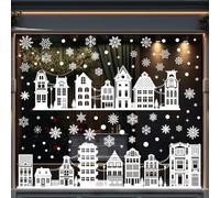 137 Pièce Stickers Noel Fenetre, Deco Fenetre Noel Réutilisable, adhésifs électrostatiques en PVC, 9 feuilles autocollantes avec flocons de neige et maisons pour fenêtres (Maison Blanche)