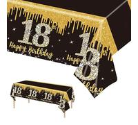 137 x 274 cm noir et or nappe d'anniversaire noire et dorée nappe de table pour homme femme 18e anniversaire nappe rectangulaire en plastique pour décorations de fête d'anniversaire numéro 18