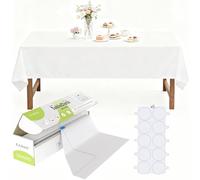 137 x 3000 cm - Rouleau de nappe jetable en plastique blanc avec boîte de découpe coulissante pour couverture de table rectangulaire et ronde - Pour pique-nique, banquet, fête, anniversaire, fête
