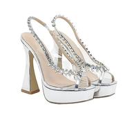 13CM/5.11IN Strass Transparent Épais Talon Imperméable Plate-Forme Mesdames Sexy Pole Dancing Striptease Chaussures Wedding Party Prom Sandales,Argent,39 EU